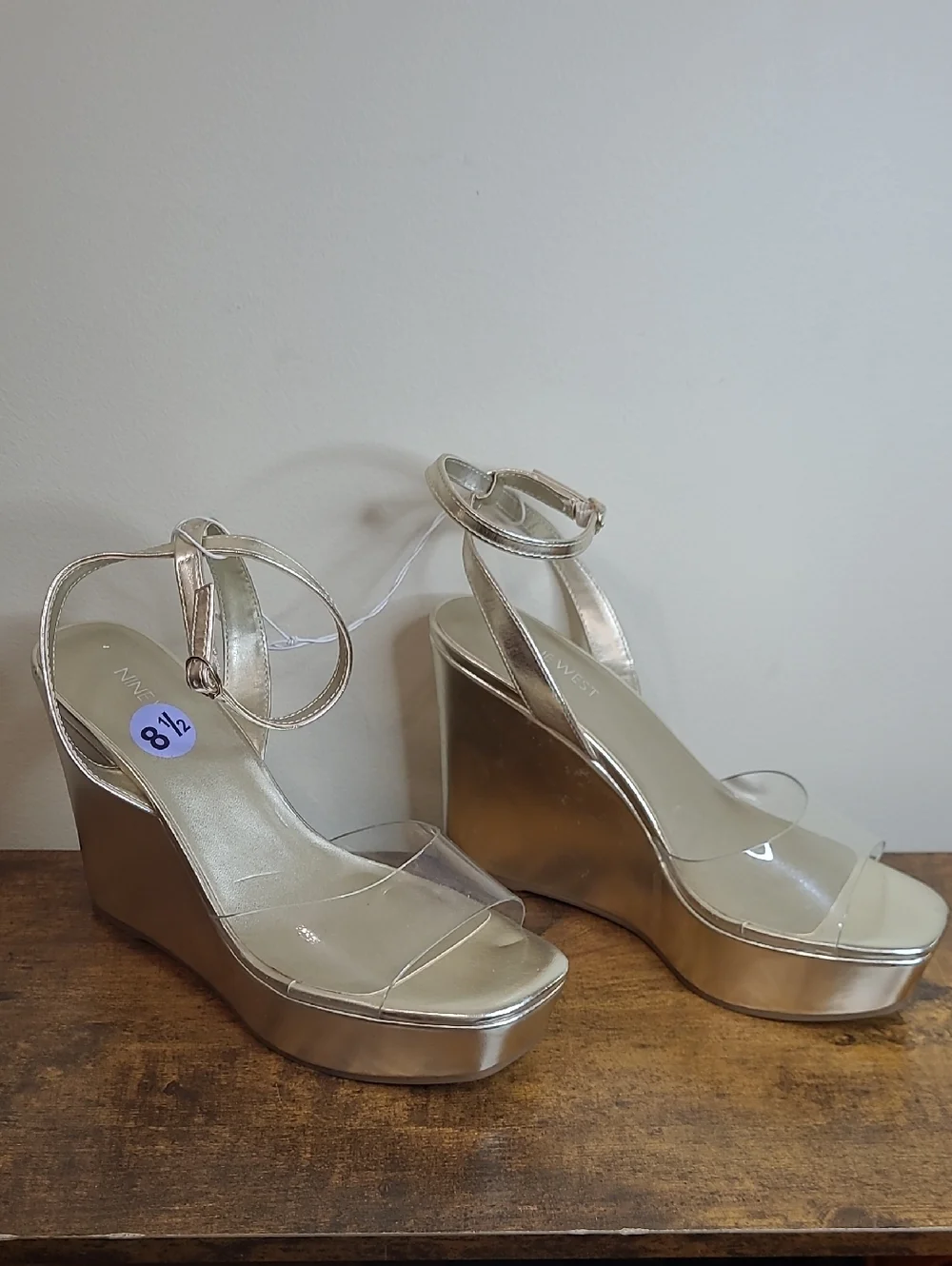 NWOT Nine West Metallic Gold Platform Wedge Sandals with Clear Strap size 8.5